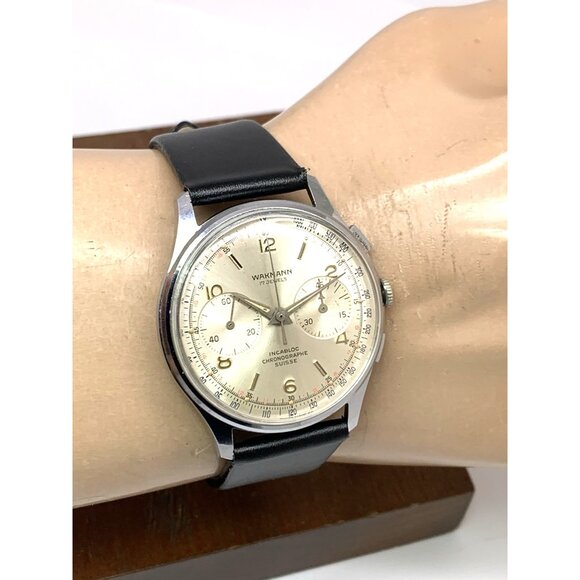 Wakmann Men's Watch Vintage Swiss Manual Wind Chronograph Silver Dial 38mm - Picture 10 of 13